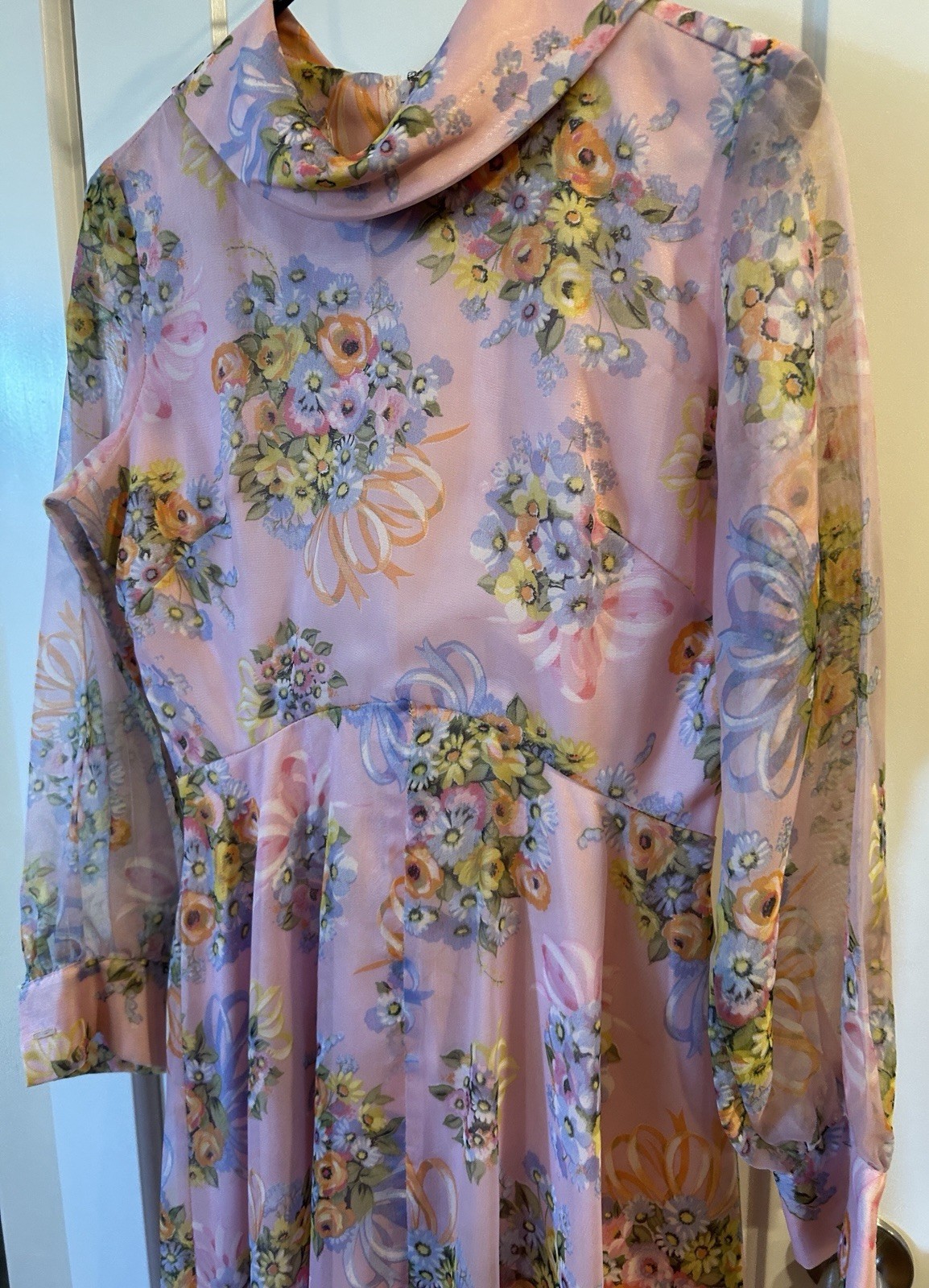 Avalon Classics Pink Floral Chiffon Maxi Dress Gown Sz 12 Cottage ILGWU Label
