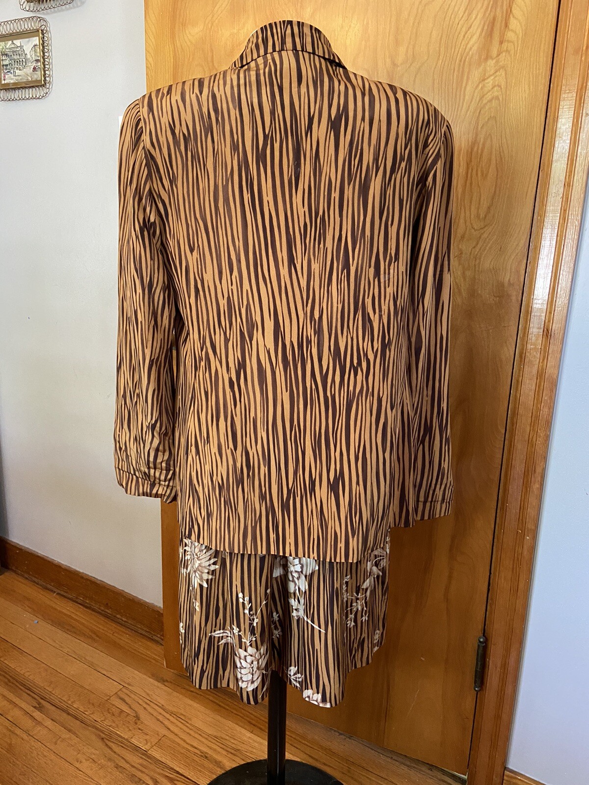 Vtg Saks 5th Ave Silk 2 Pc Set Jacket Wrap Skort Romper Brown Zebra Med 80s