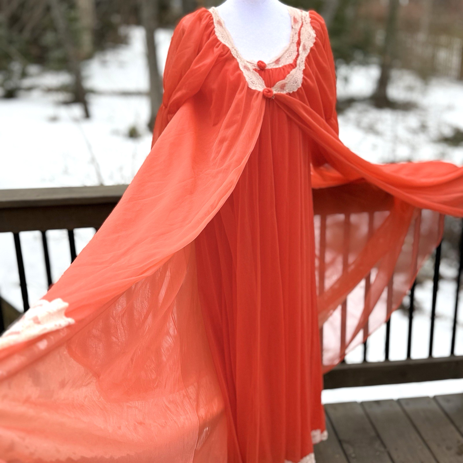 Vtg Intime Nightgown & Robe Double Chiffon Peignoir Set Flame Orange Sweep S M +