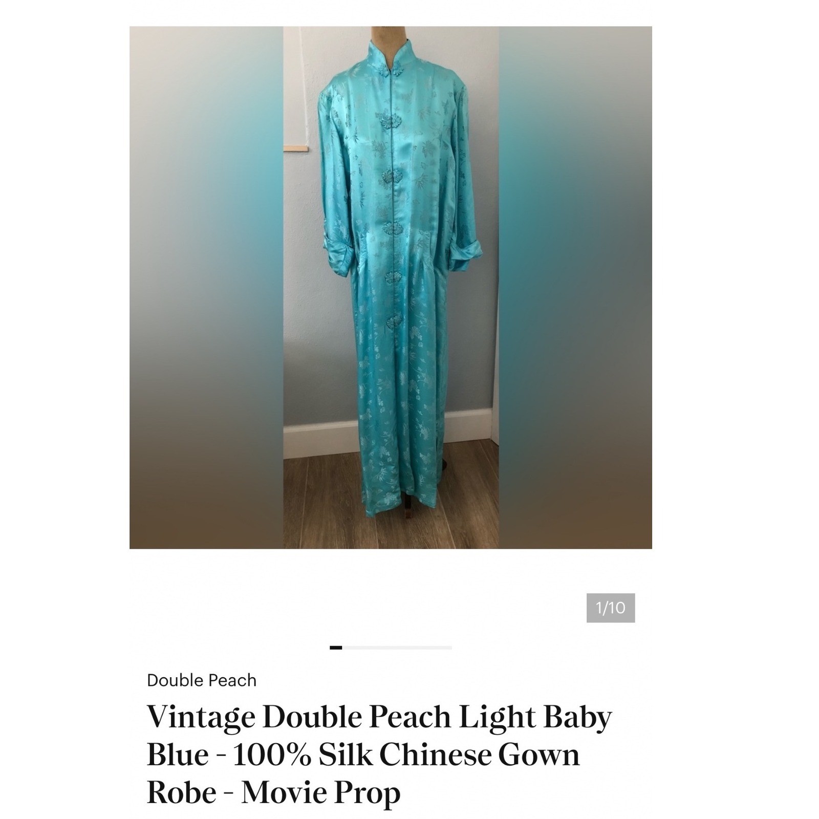 Vintage Cool BLue Silk Robe /Dressing Gown Floral Jacquard Old Money Luxury XL