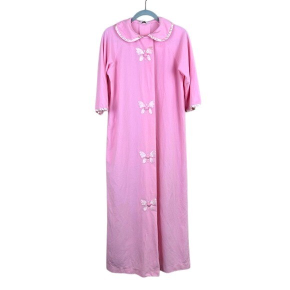 Vintage Komar Pink Butterfly Accent Robe Small Satin Trim Peter Pan Collar 1960s