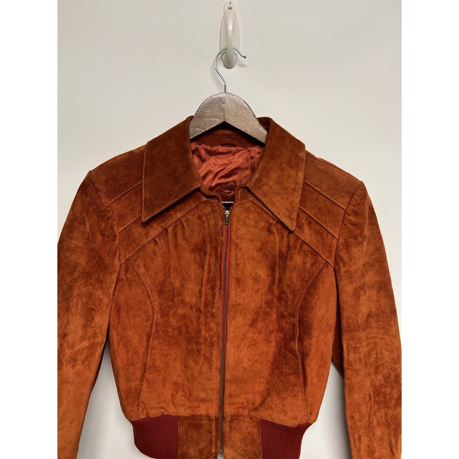 Vintage 1970&rsquo;s Rust Orange Suede Bomber Jacket Womens Small Leather Groovy 70s
