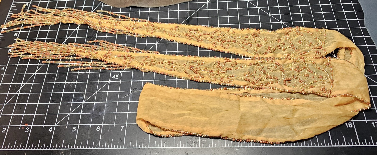 Orange/Copper Silk Chiffon Art Deco Beaded Hair, Neck, Or Waste Tie Flapper 50&Prime;