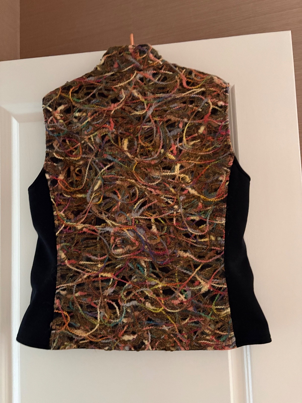Vintage Reverseable Vest, Black / multi colored designed felt, zipper, 2 pockets