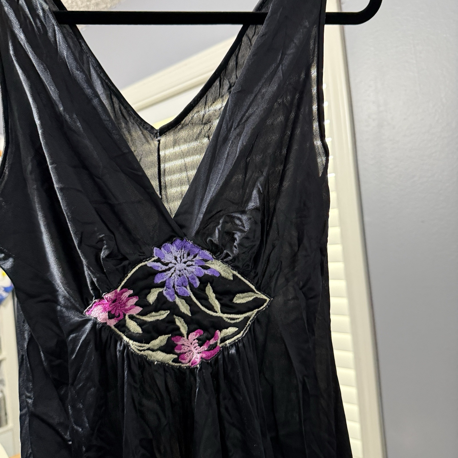 Vintage Vanity Fair Nightgown Black Maxi House Dress Plunge Neck Floral Details
