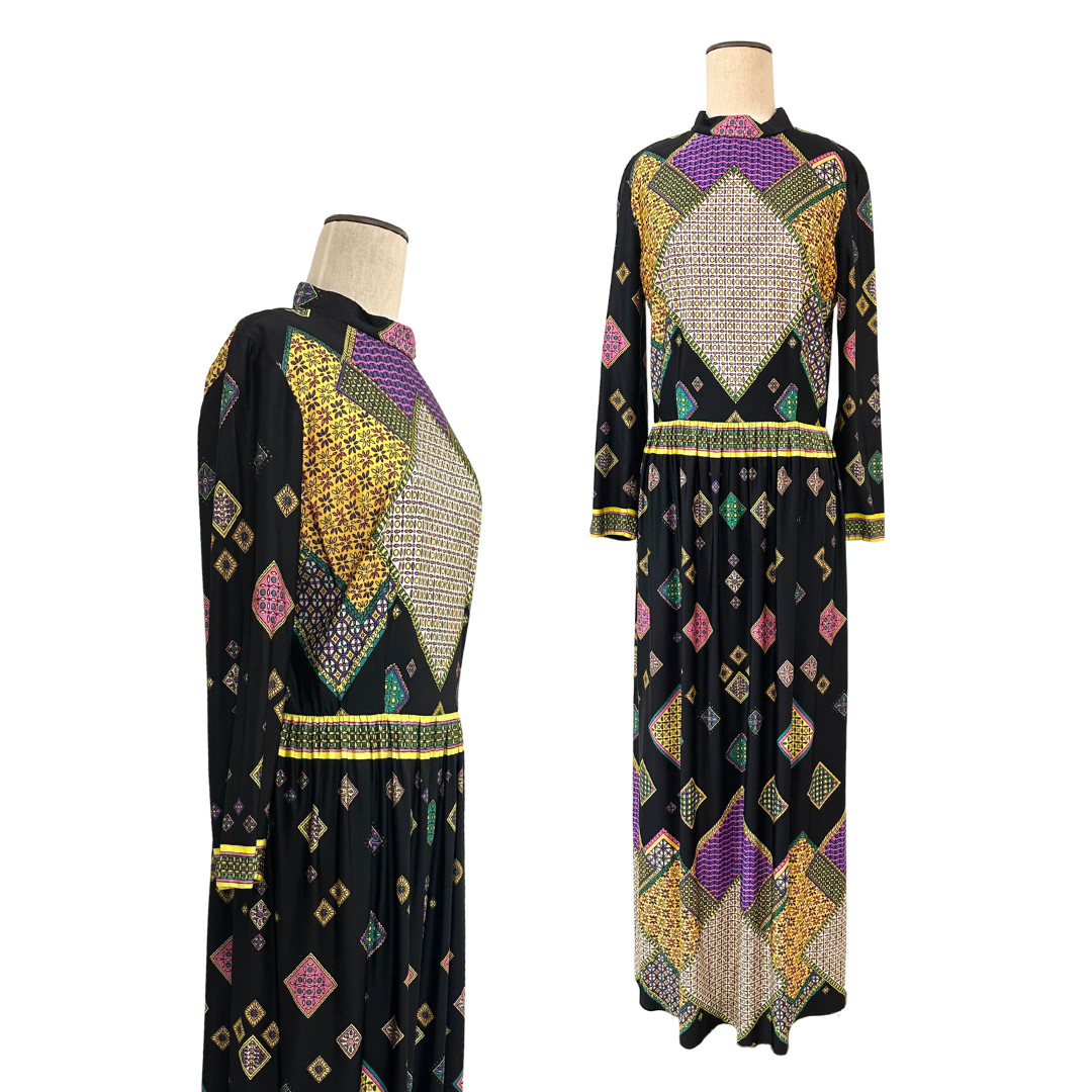 Vintage 1970s Mr. Eddie Black and Purple Geometric Artsy Print Maxi Dress