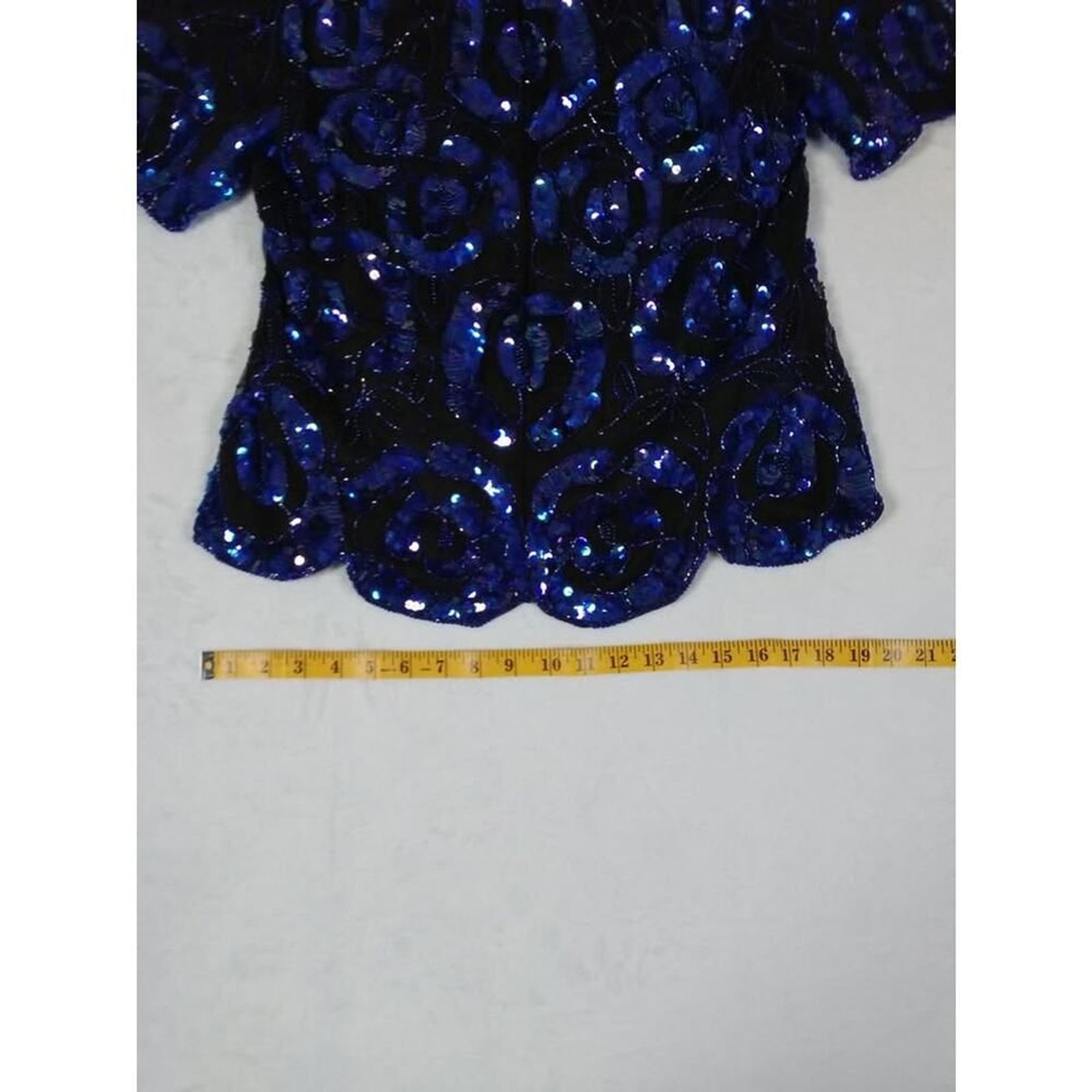 Stenay Vintage Silk Sequin Beaded Evening Top Royal Blue Black Scalloped Hem L