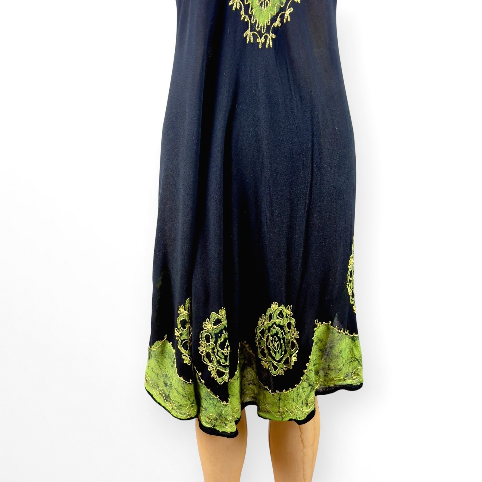 90s Embroidered Batik Midi Dress Umbrella Hem Cap Sleeve Rayon Hippie S M L XL
