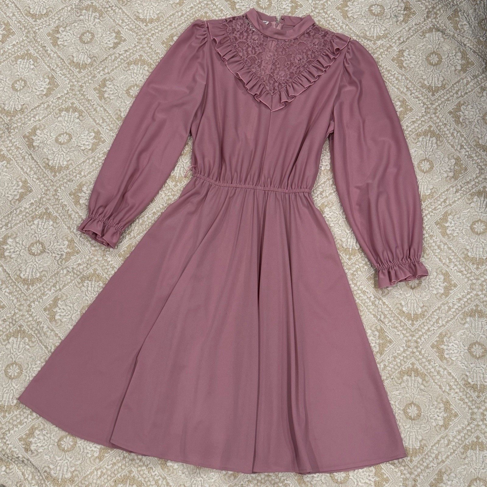 VTG 80s Boston Maid Dress Modest Lace Victorian Mauve Pink 14 Coquette *Flaw*