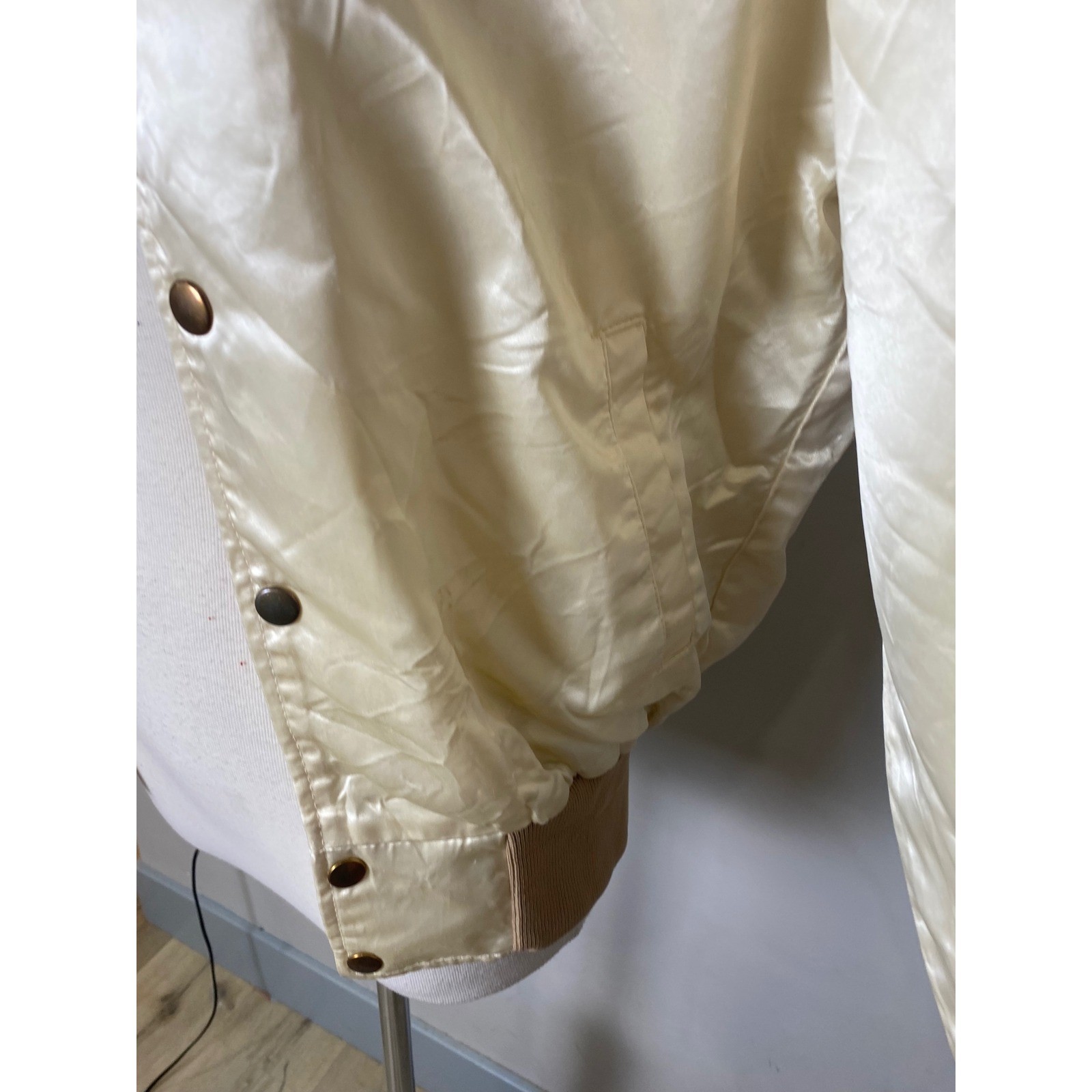Vintage Satin Bomber Jacket Cream Jonis Corvette Chainstitch Varsity Snap Front