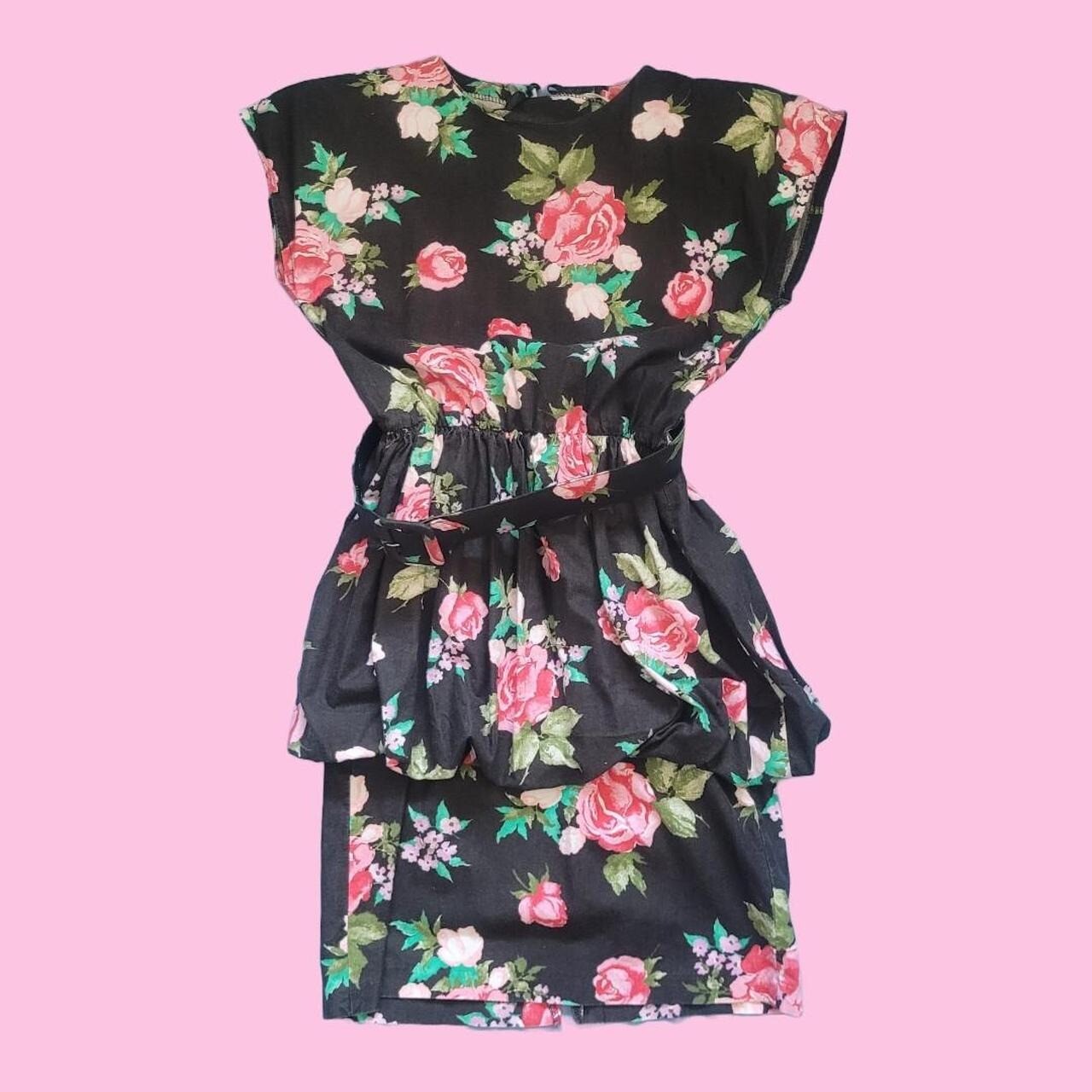 Vintage 1980s Black Floral Tulip Dress