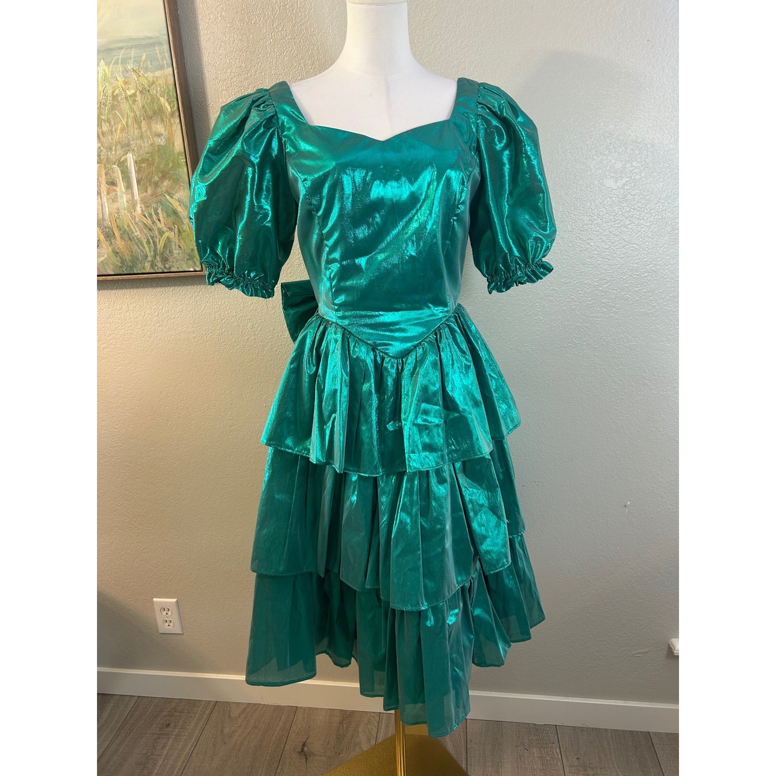 Vintage 80s Metallic Teal Green Puff Sleeve Tiered Ruffle Party Dress Large Bow