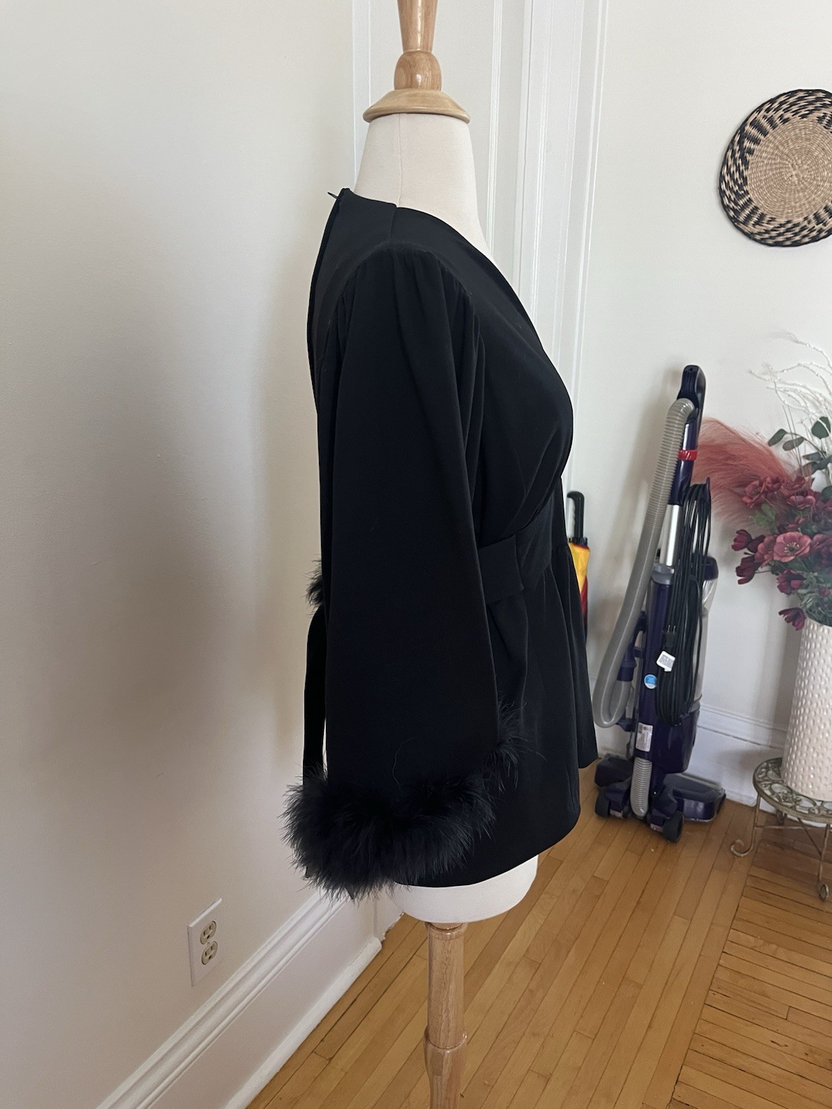 Vintage 1970s Black Polyester Wrap Top Fur Bell Sleeves V-neck