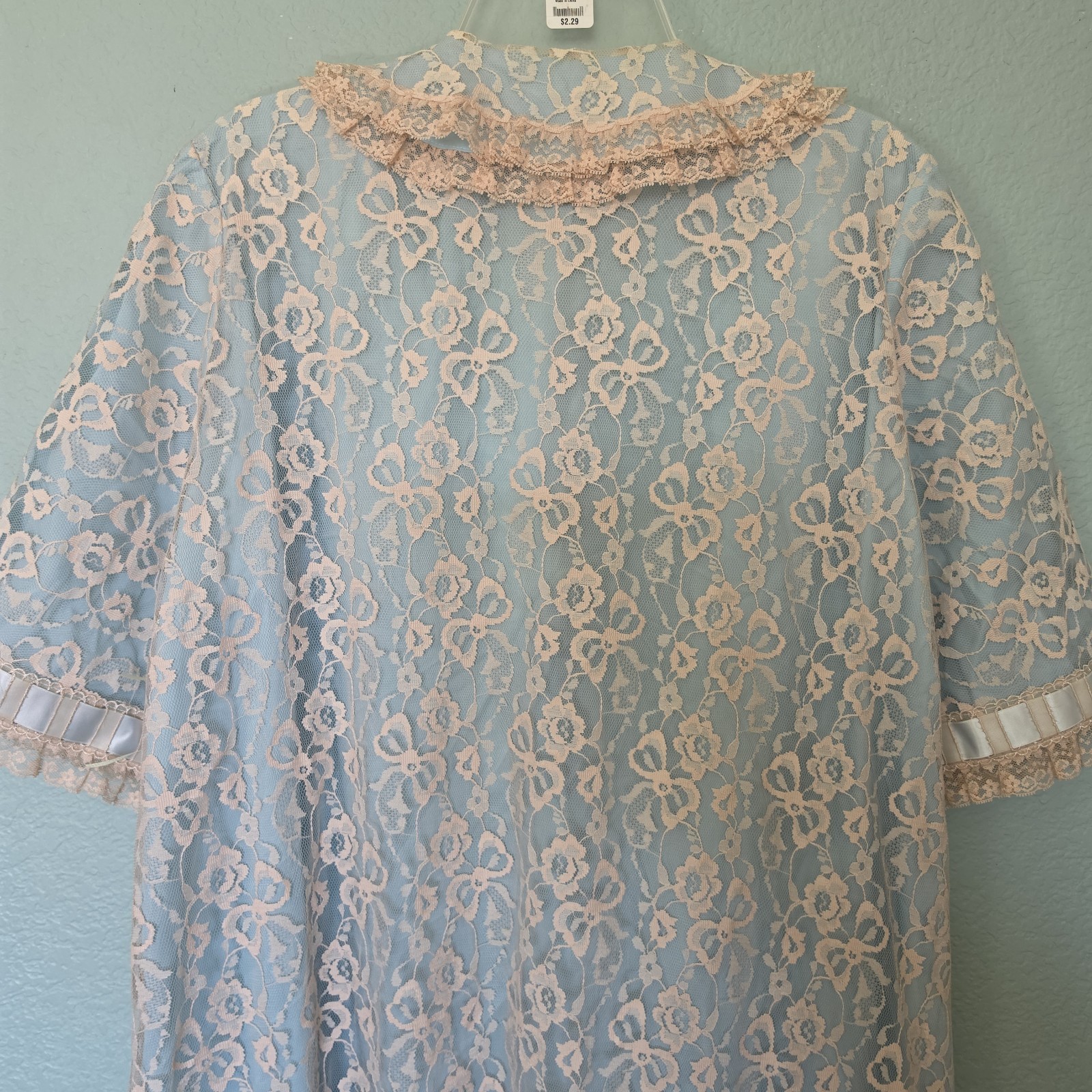 Odette Barsa Vtg Budoir Retro Lace Beige Blue Robe House Coat Dressing Gown Glam