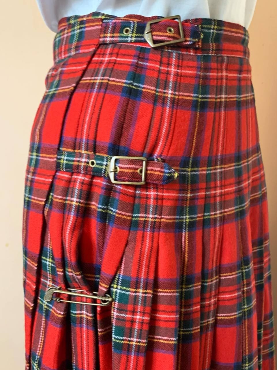 Vintage HIRSCH Scottish Kilt Skirt Pure New Wool Red Tartan Plaid Pleated EU 38