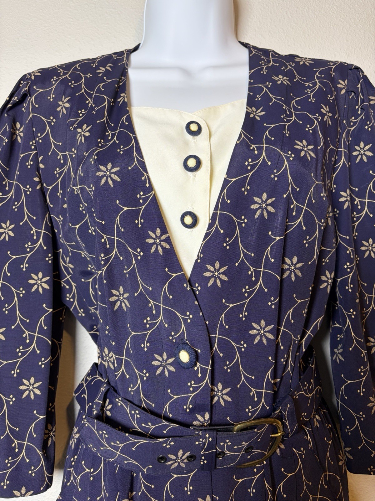 Vtg 80s Does 40s Peri Petites Navy Shirt Dress~8P~Belt 3/4 Puff Slvs Secretary