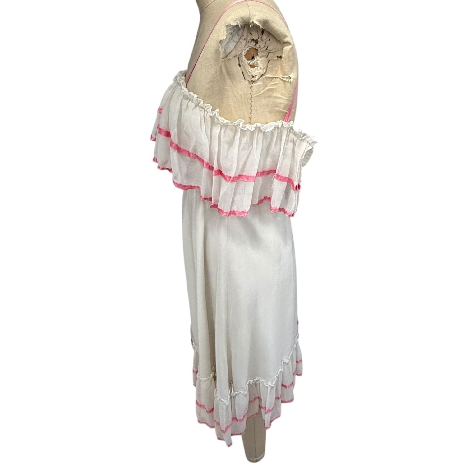 Vintage Flirtations Alfred Angelo White Pink Ribbon Ruffle Dress Womens Size XXS