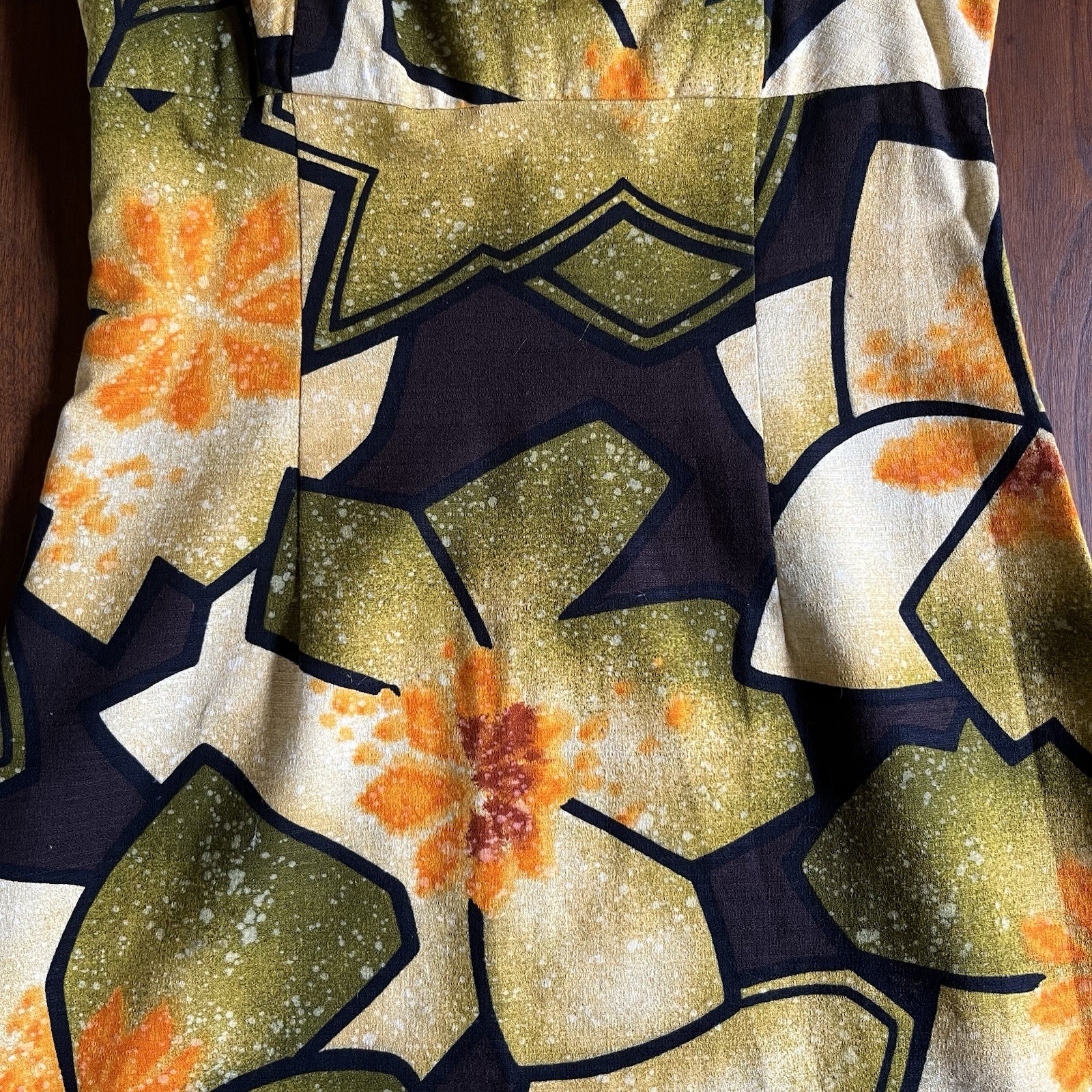 VTG 60s 70s Hawaiian Barkcloth Maxi Dress floral yellow Shoulder tie Sleeveless