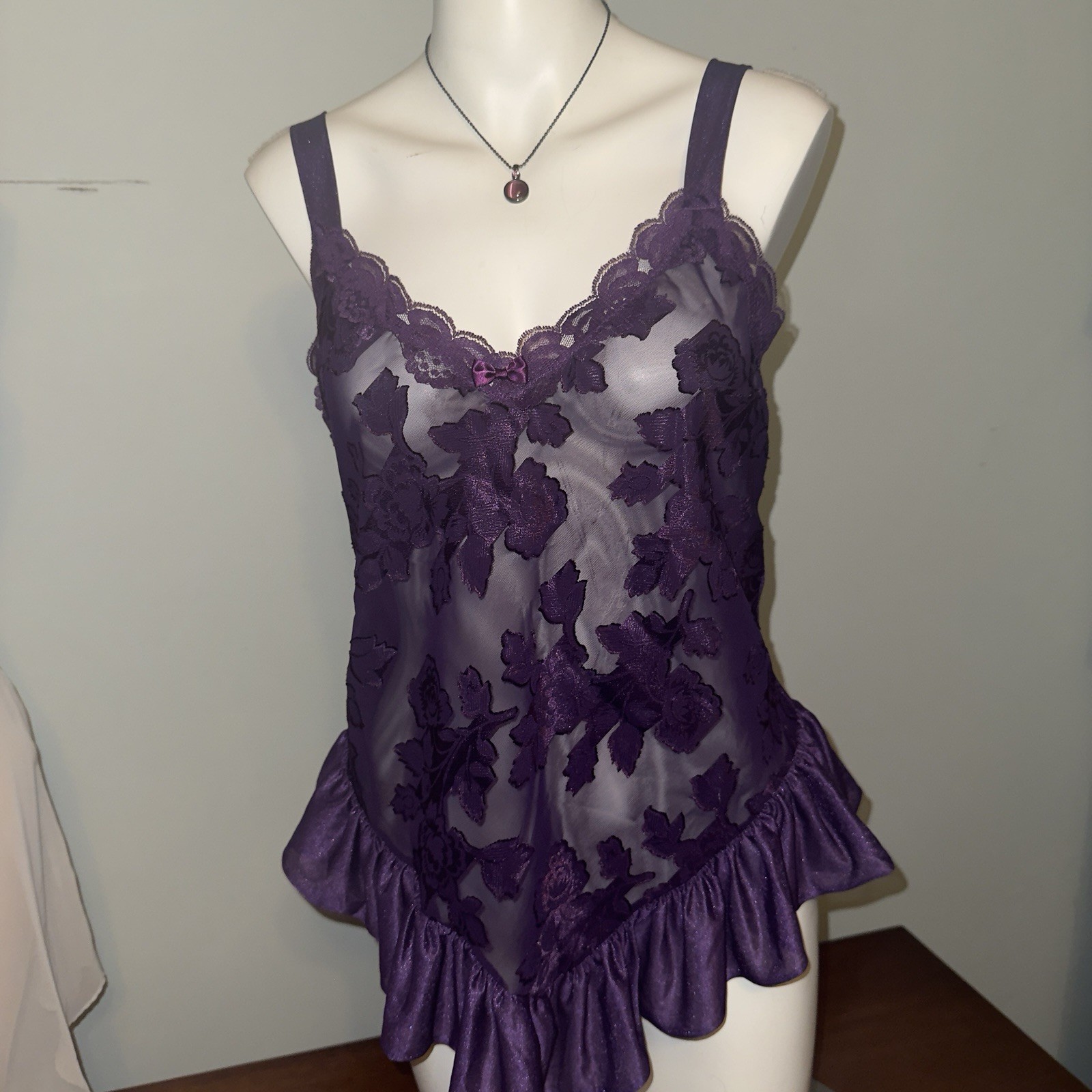 Vintage 70s Sopre Lingerie Purple Sheer Floral Lace Teddy Ruffle Fairy Goth Med