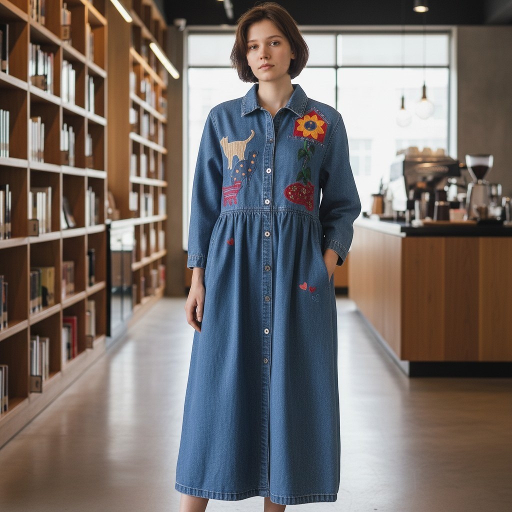 Sweet Shirts Vintage 1993 90s Blue Denim Maxi Teacher Dress Medium Patchwork Cat