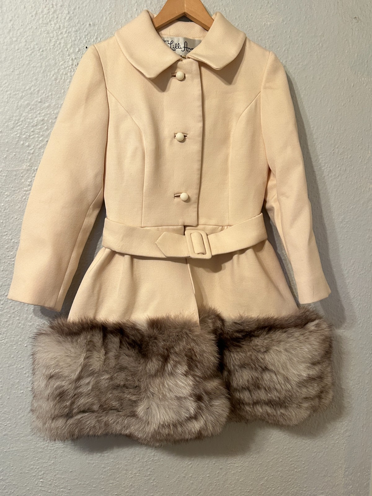 Vtg 60s Lilli Ann Sz XS/S Cream Fit & Flare Princess Coat Fox Fur Trim Mod Pinup