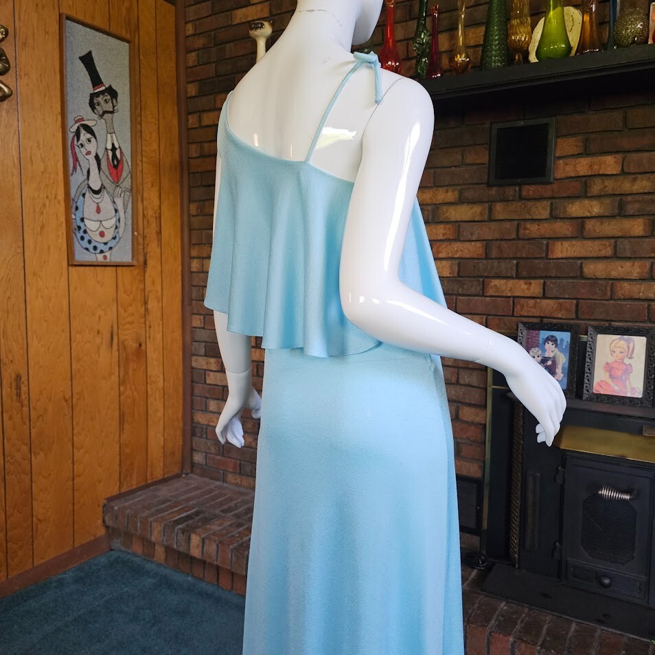 Vtg 70s Disco Cold Shoulder Soul Train Liquid Jersey Maxi Evening Dress Gown S/M