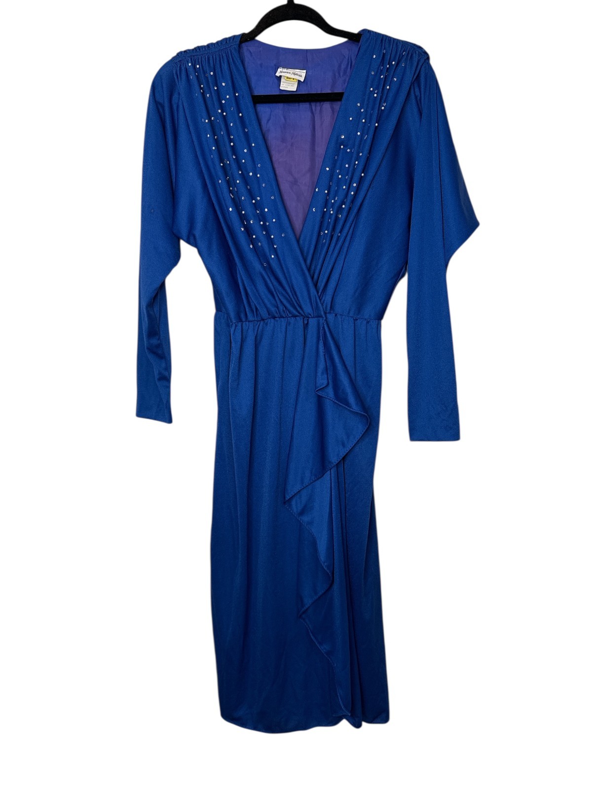 Vintage 80s Neiman Marcus Pearl Rhinestones Batwing Dynasty Royal Blue Dress NWT