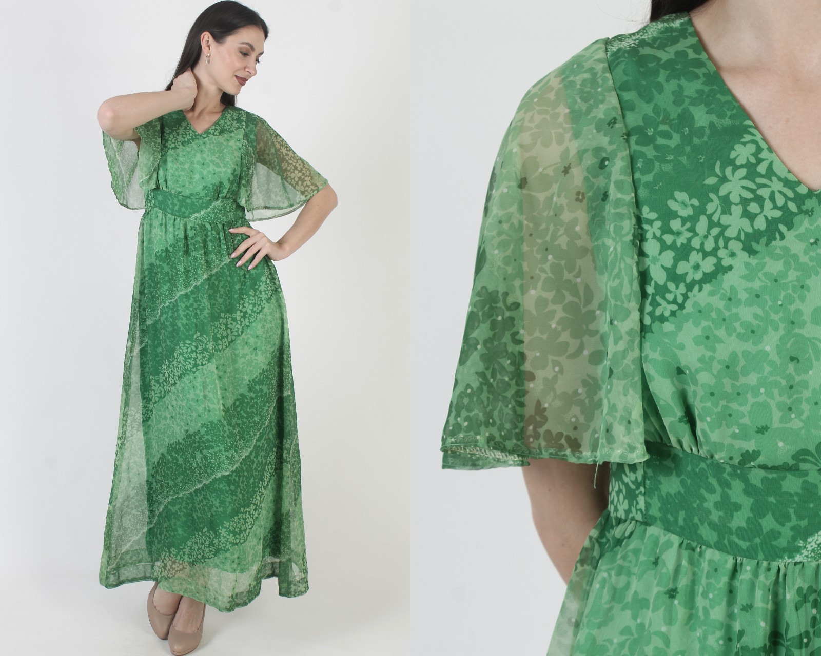 Vtg 70s Green Floral Chiffon Dress Long Cocktail Party Angel Bell Slv Tea Gown