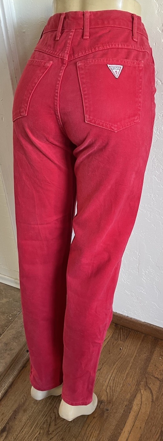 Vintage 1990s Guess Jeans High Rise Scarlet Red Denim Barrel Tapered Mom USA 28