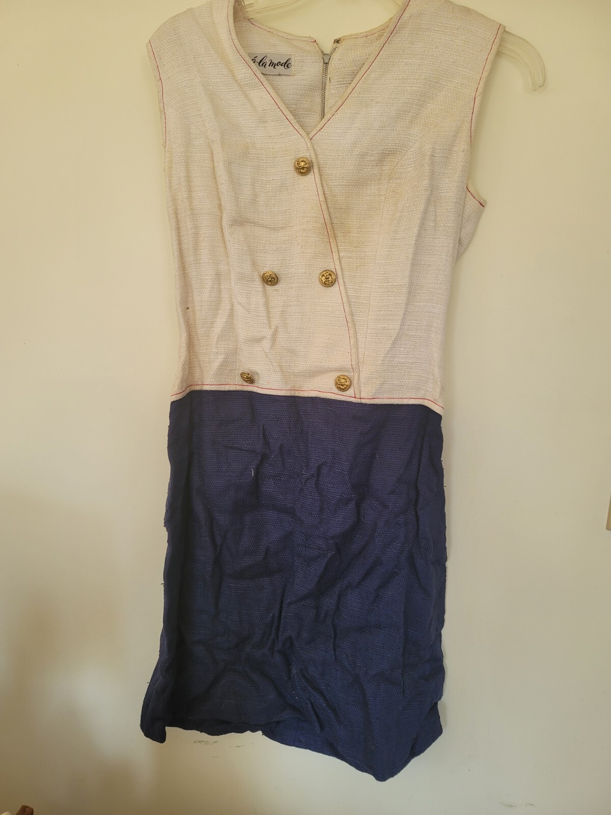 Vintage 1960&rsquo;s Dress By A&rsquo;la Mode Small Blue White Sailor Look Gold Buttons