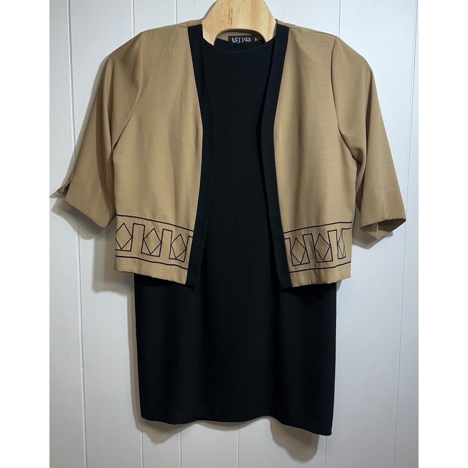 Melissa Petites Black Sheath Dress & Tan Embroidered Bolero Jacket Set Size 20P