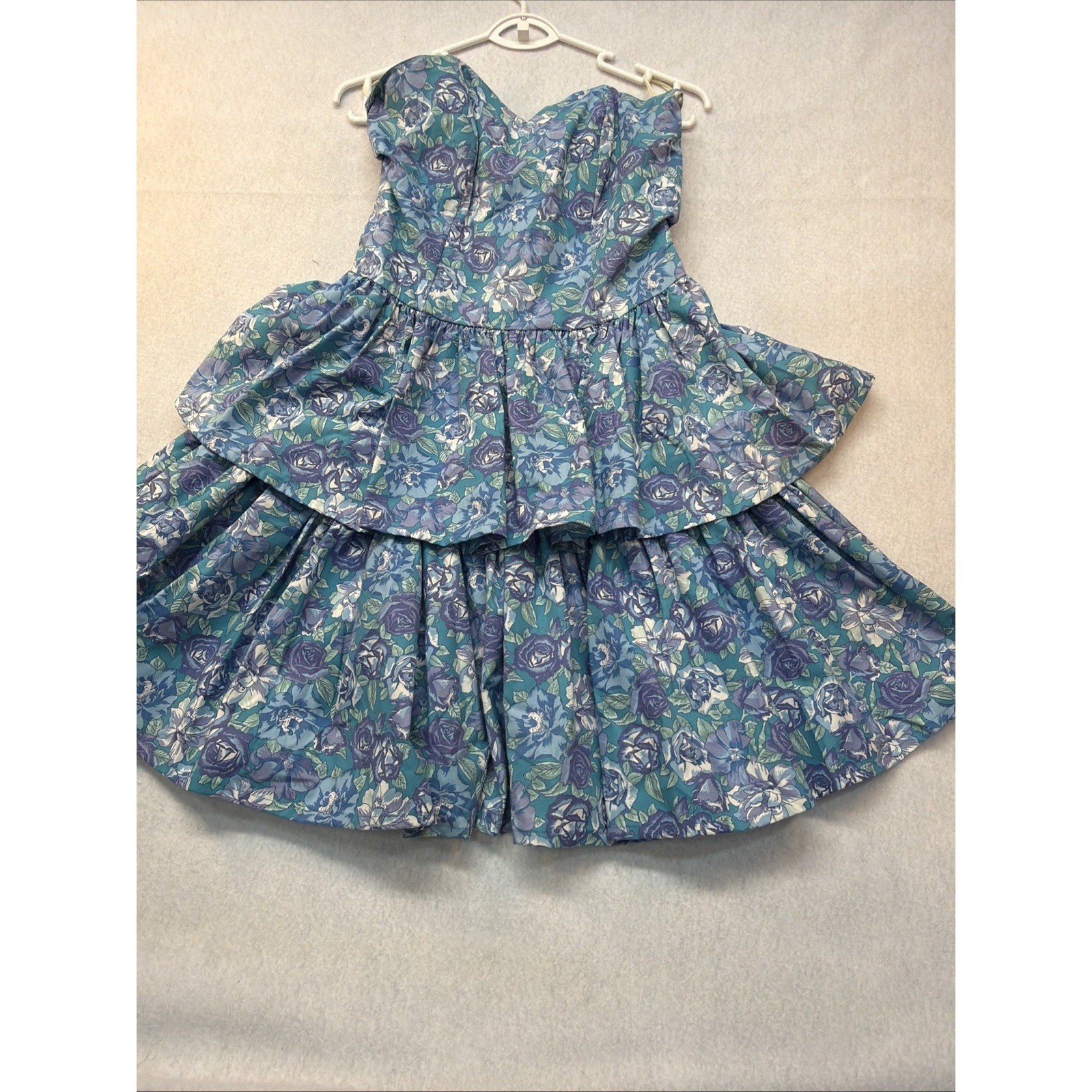 Vtg Laura Ashley Dress Medium Strapless Ruffle Tiers 90s Floral Blue Cottagecore