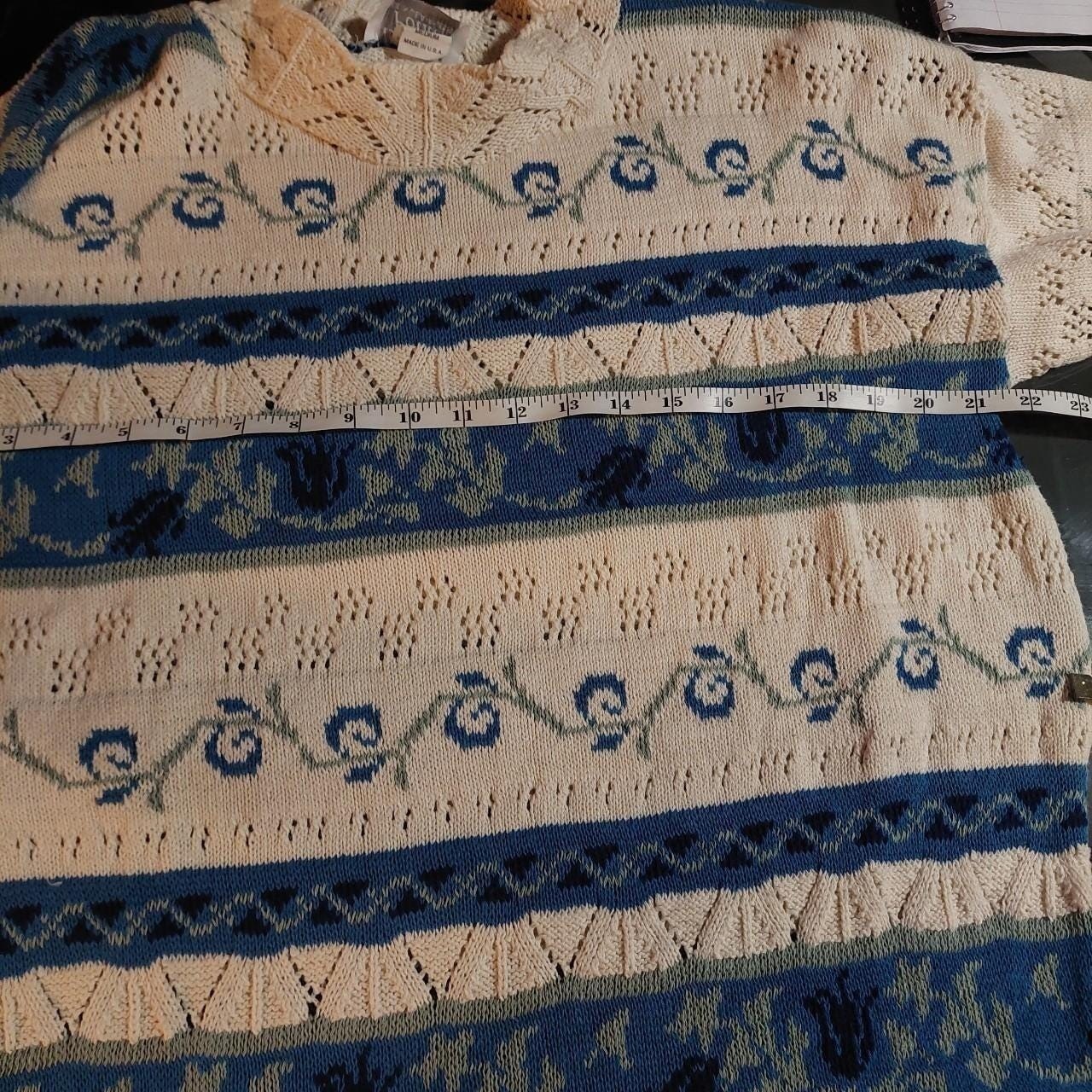 Vintage blue, green, and white striped sweater.
