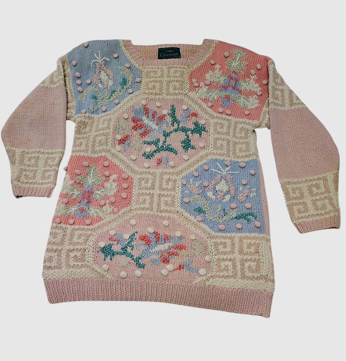 Vntg 80s Cullinane Hand Knit Sweater Floral Cottage Grandma Sz M
