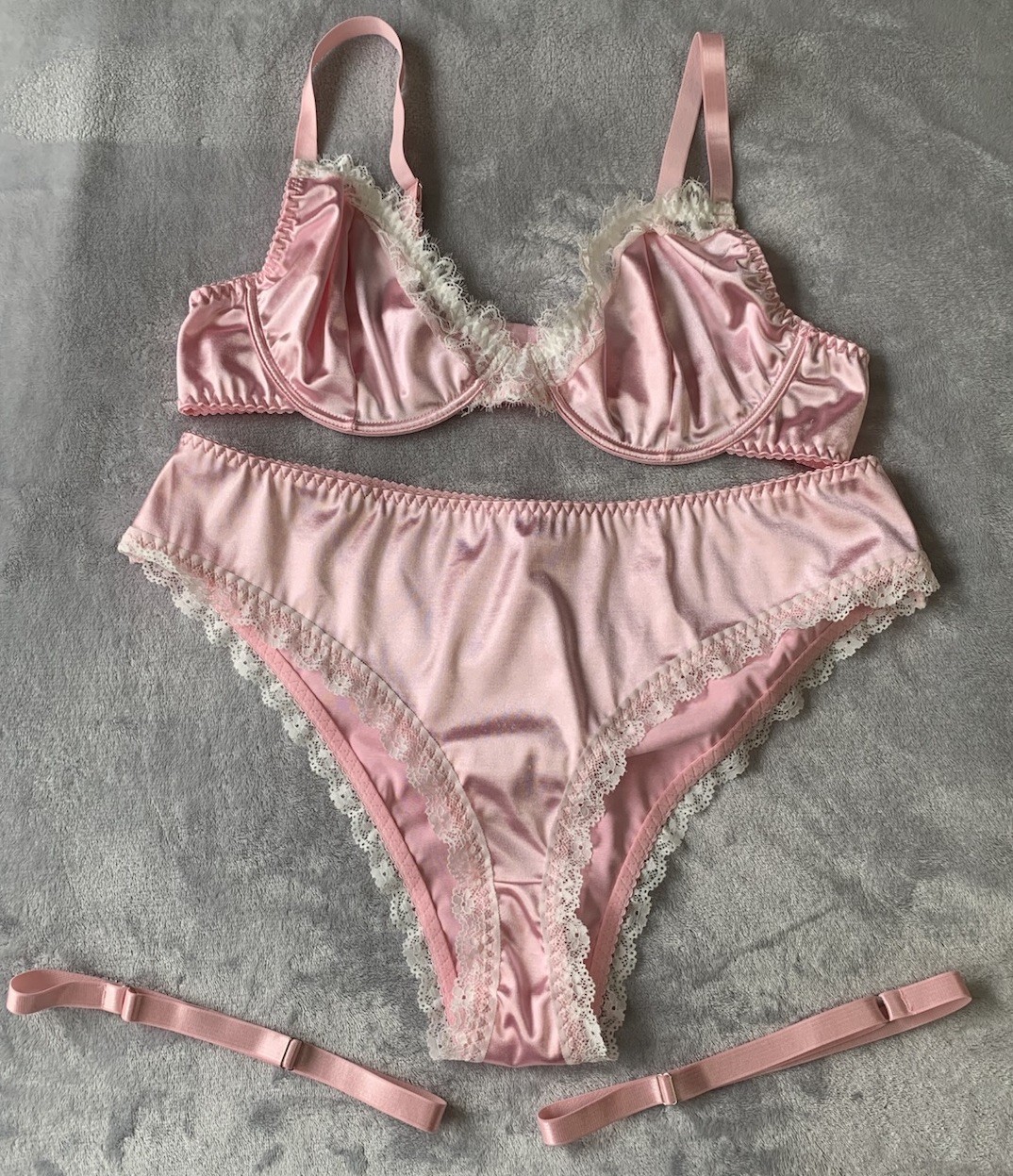 NEW 3X Glossy 2nd Skin Satin Bra Panties Garter Belt 5pc Set Plus sz