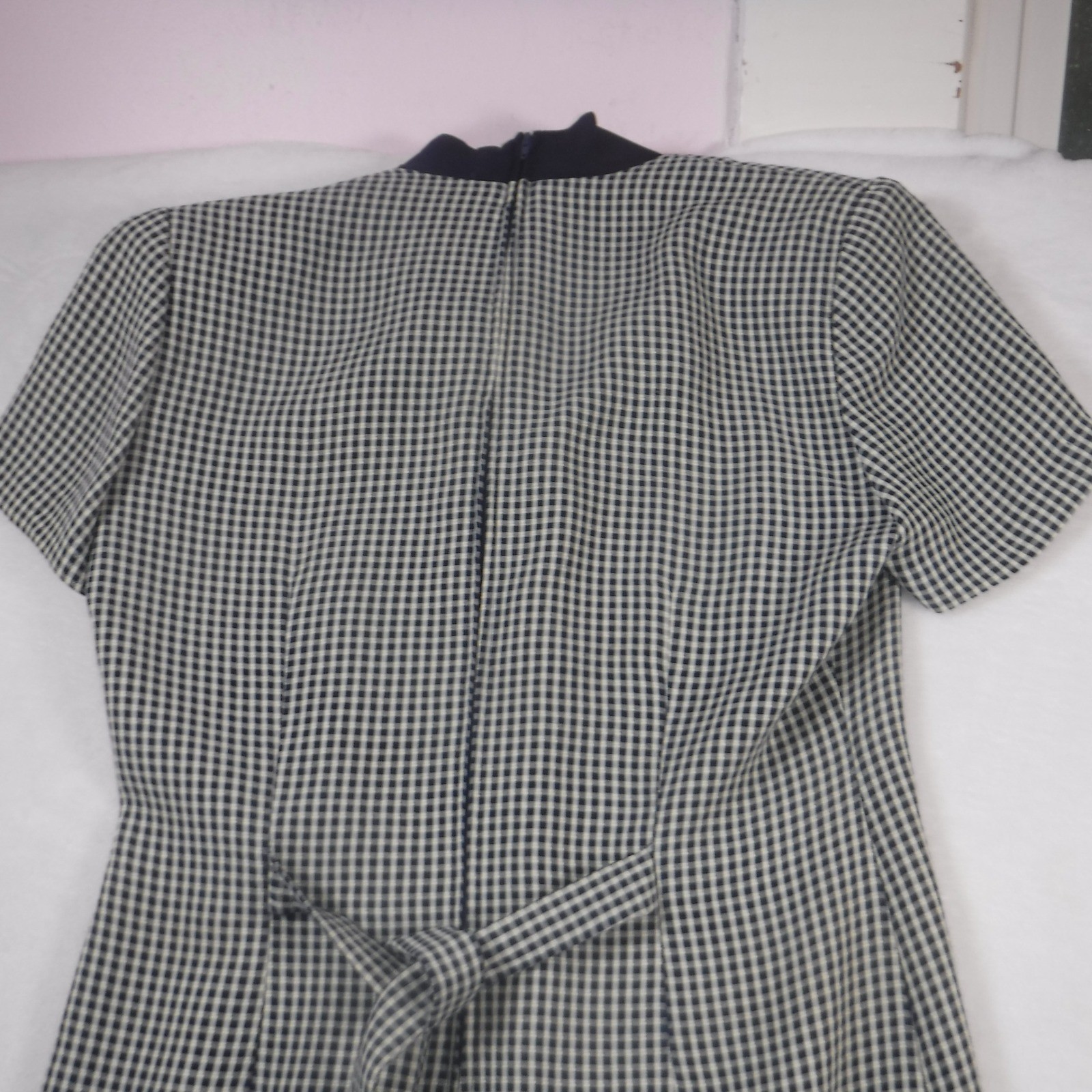 Scarlett Vintage Gingham Check Maxi Dress Navy Blue White Mandarin Collar 3/4