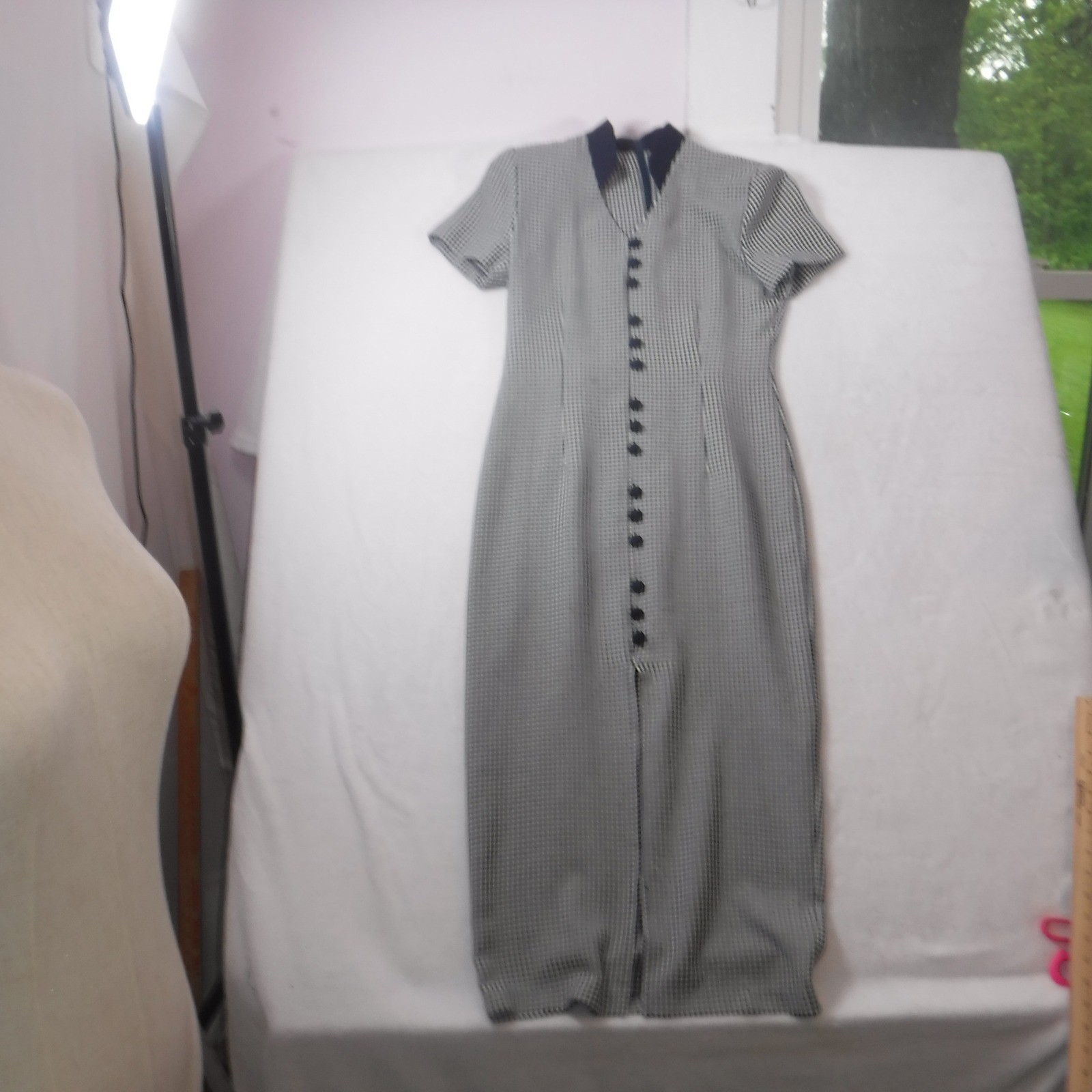Scarlett Vintage Gingham Check Maxi Dress Navy Blue White Mandarin Collar 3/4