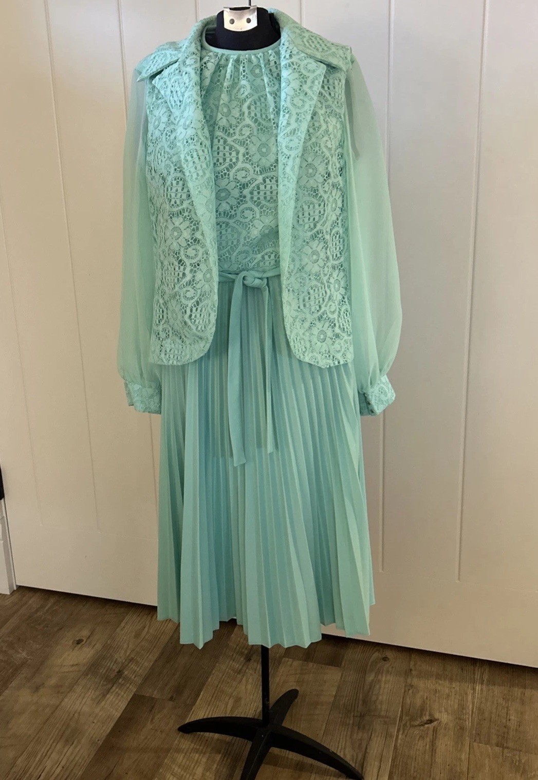 Vintage 1970’s Green Dress With Removable Vest And Accordion Pleat Skirt