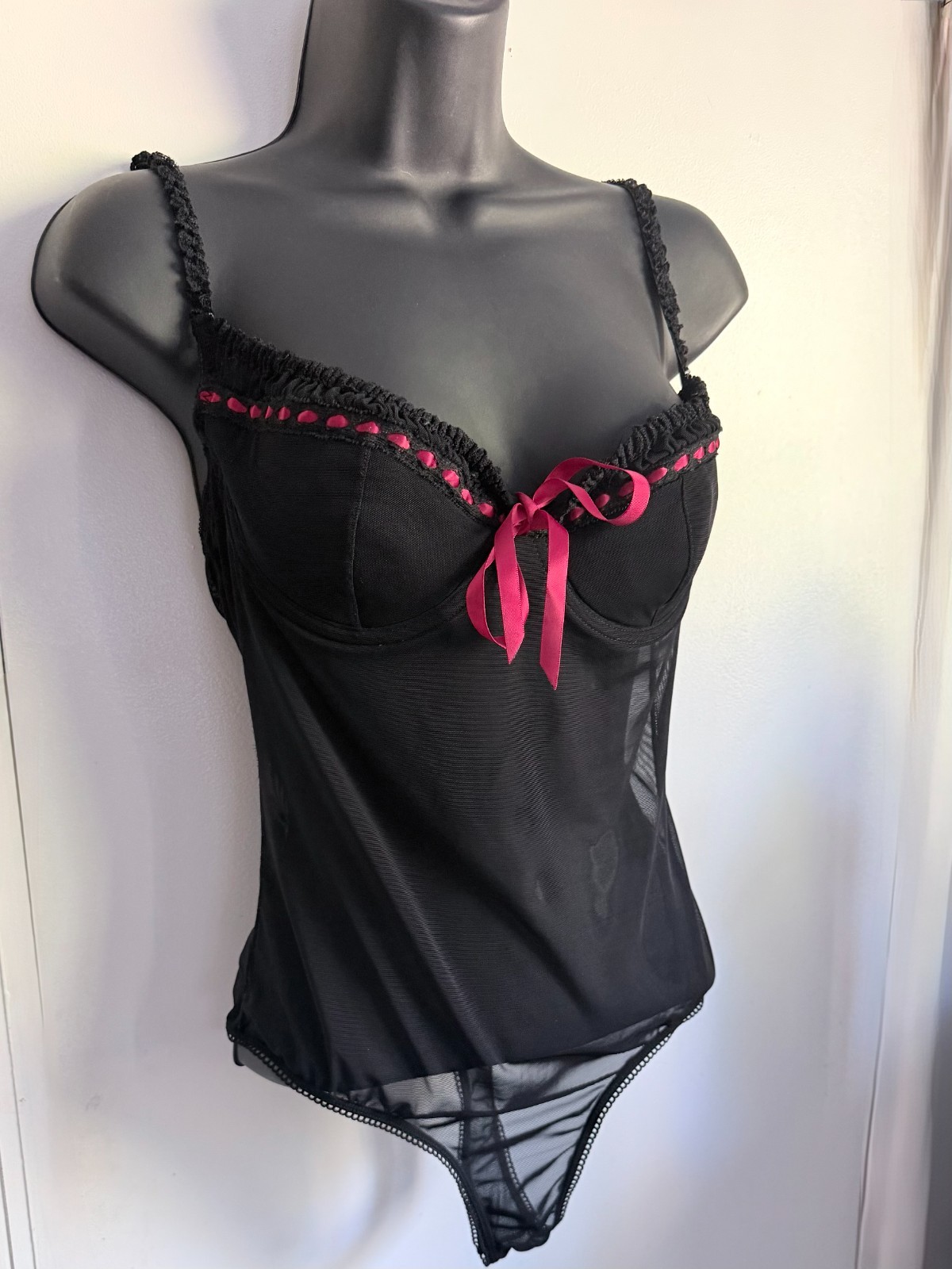 Vtg 90s Frederick&rsquo;s of Hollywood 34B Teddy Bodysuit Black Sheer Mesh Macau EUC