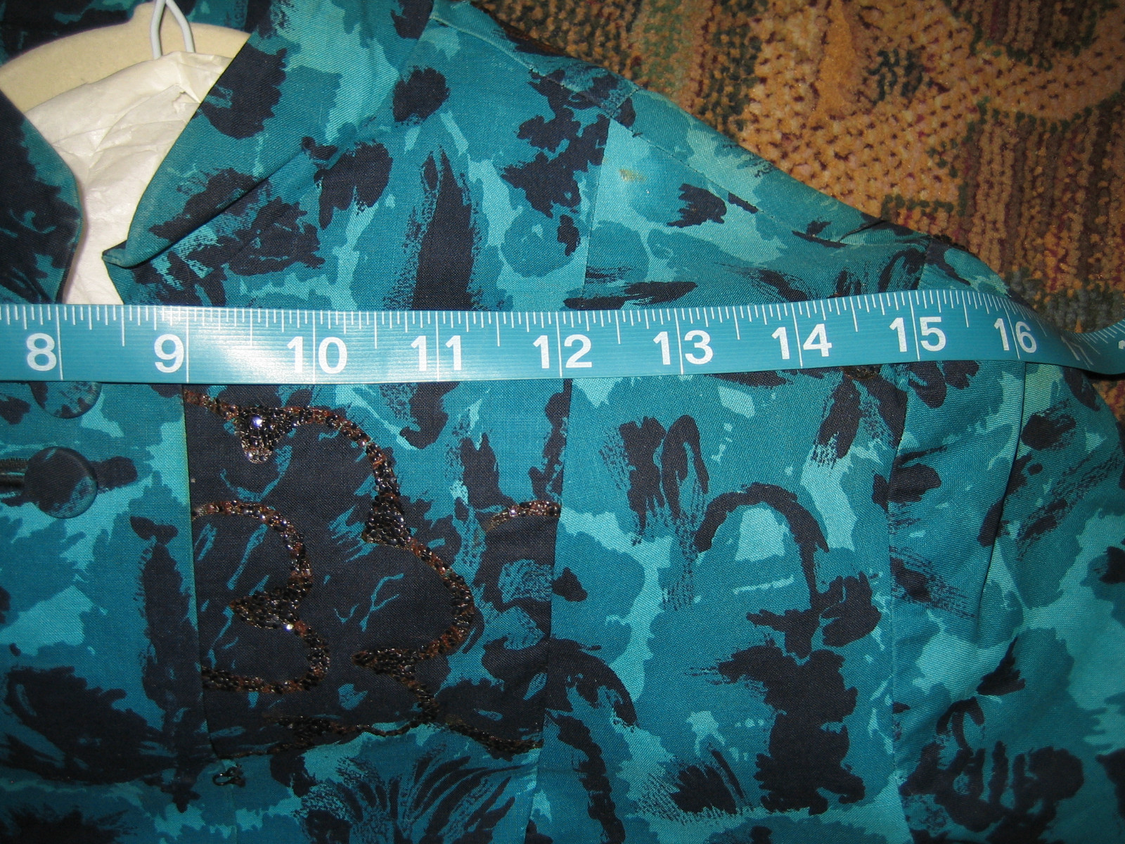 Vintage, Teal/Black Mandarin Collar Button Front 3/4 Sleeve Mini Dress/Tunic.