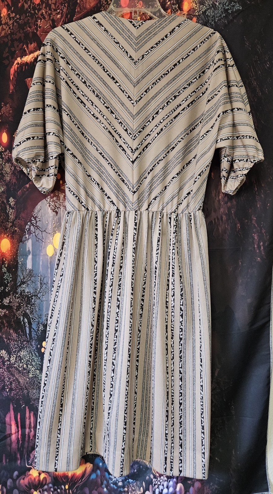 Murray Meisner Vintage Striped Dress Union Made Size 14 Beige Black White V-Neck