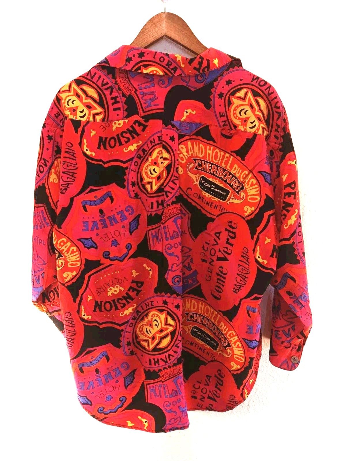 Vintage Brett Harrison 100% Silk Blouse Large Hotel Luggage Tag Travel Print 80s