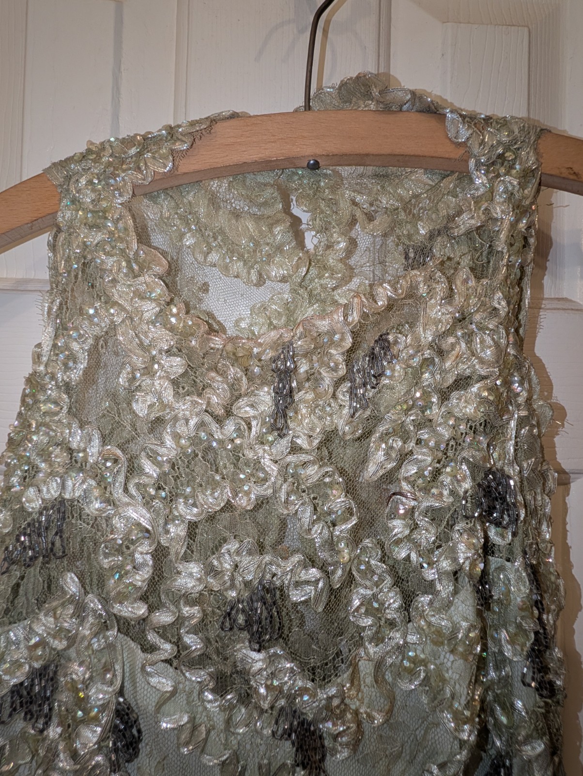 Vintage Handmade Green Beaded Evening Gown Size 0 w/ Coat Fur Accessories AS IS