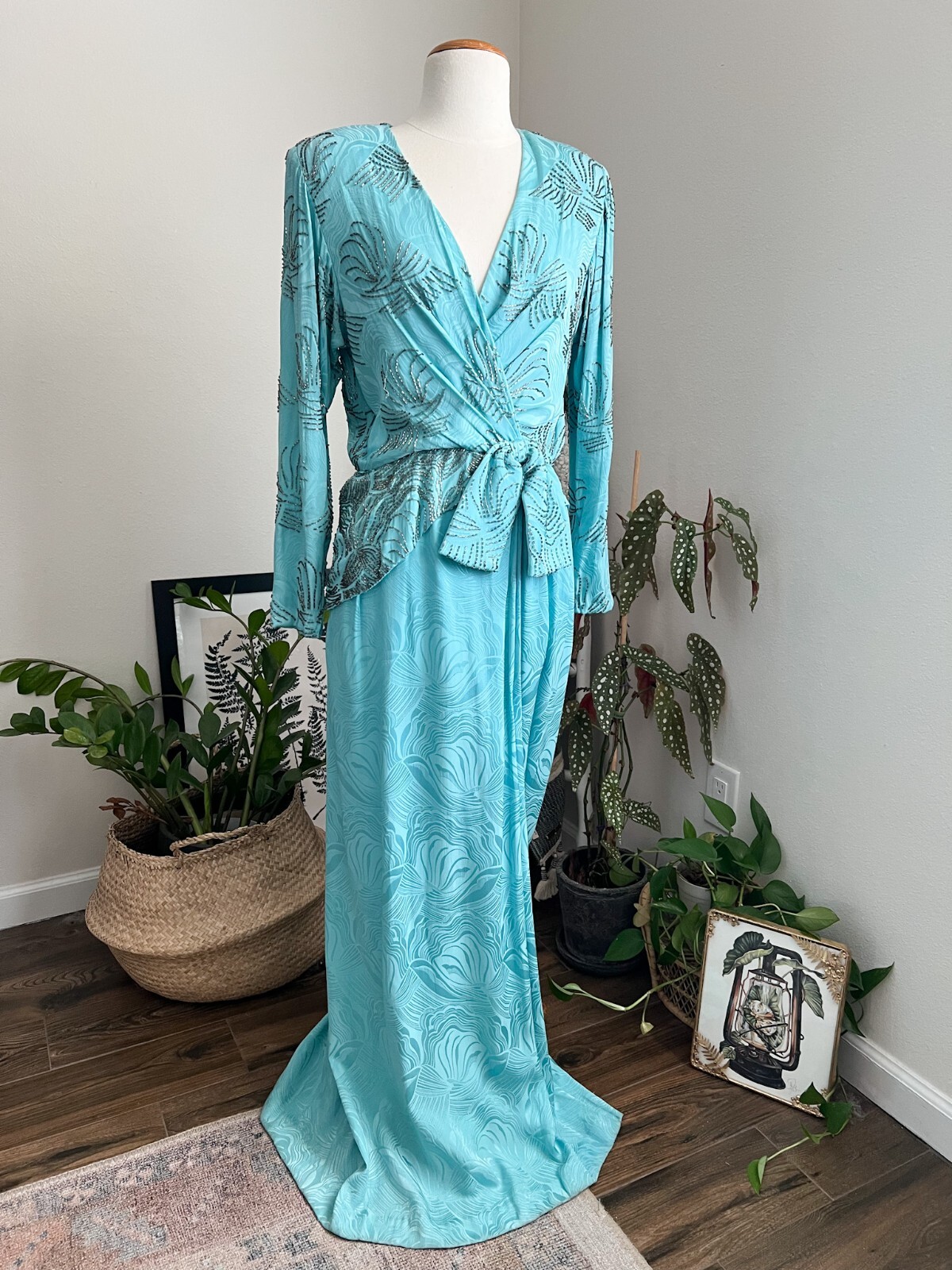 Vintage 70s 80s Victoria Royal Beaded Disco Aqua Maxi Party Gown Hip Swag Sz 12