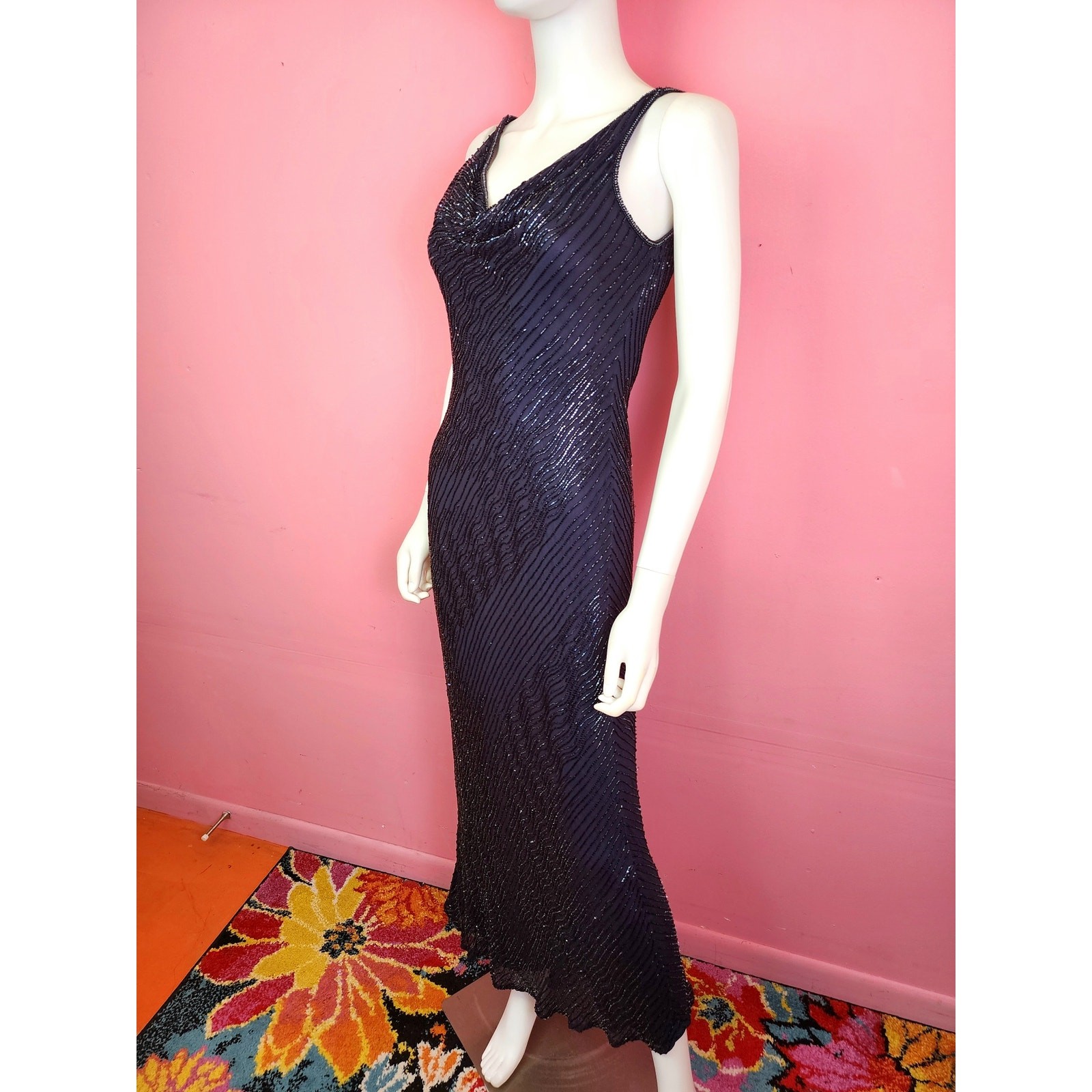 Vintage 1990&rsquo;s Silk Midnight Blue Beaded Cowl Neck Prom Dress Evening Gown