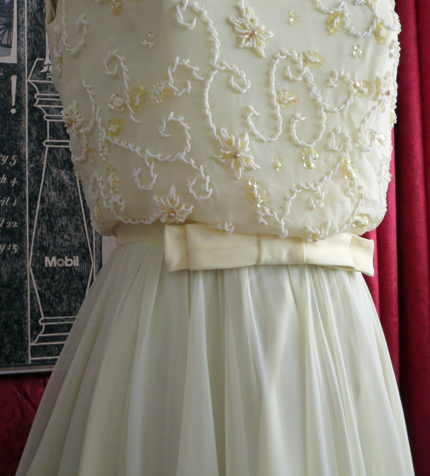 1960s Butter Yellow Beaded Floaty Chiffon Cocktail Party Dress I. Magnin XS