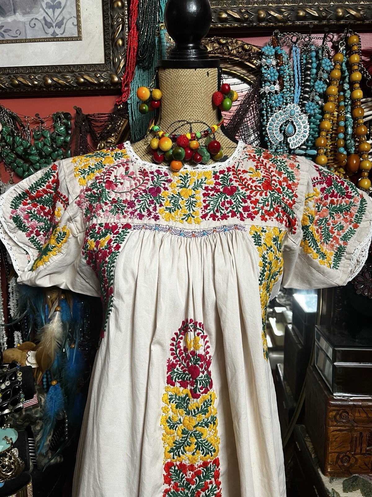 Beautiful Oaxaca Light Beige Dress In Cotton With Multi Color Embroidery M/L