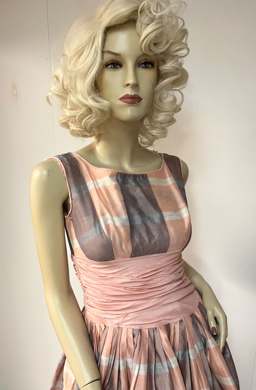 Vintage 1950 Plaid Back Zipper Cummerbund Crinoline Cocktail Party Dress Bust 33