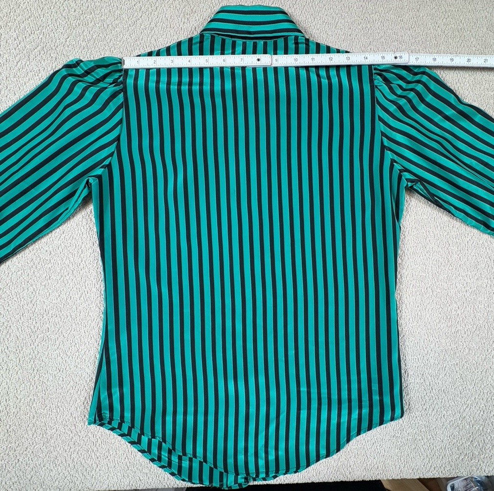 Vintage Pussy Bow Scarf Blouse Button Up Women&rsquo;s 8 Striped Green Made In USA