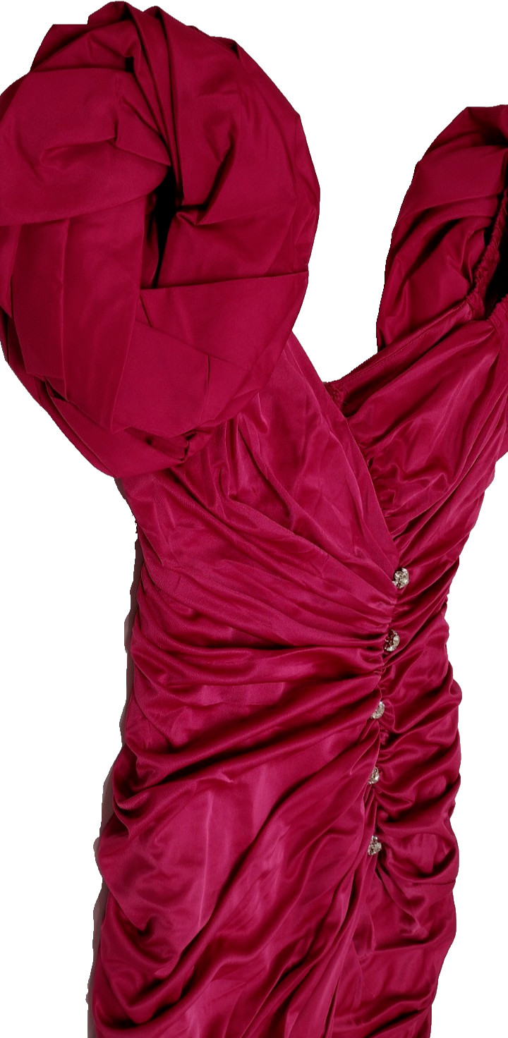 1980s Couture Dress Pink Fuchsia Balloon Sleeve Rhinestone Buttons SAMIR 80s M